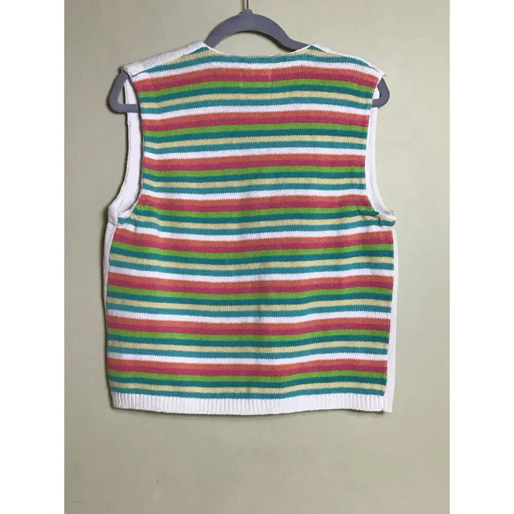 Cricket Lane White Vintage Floral & Striped Sweater Vest Sz. LrgP